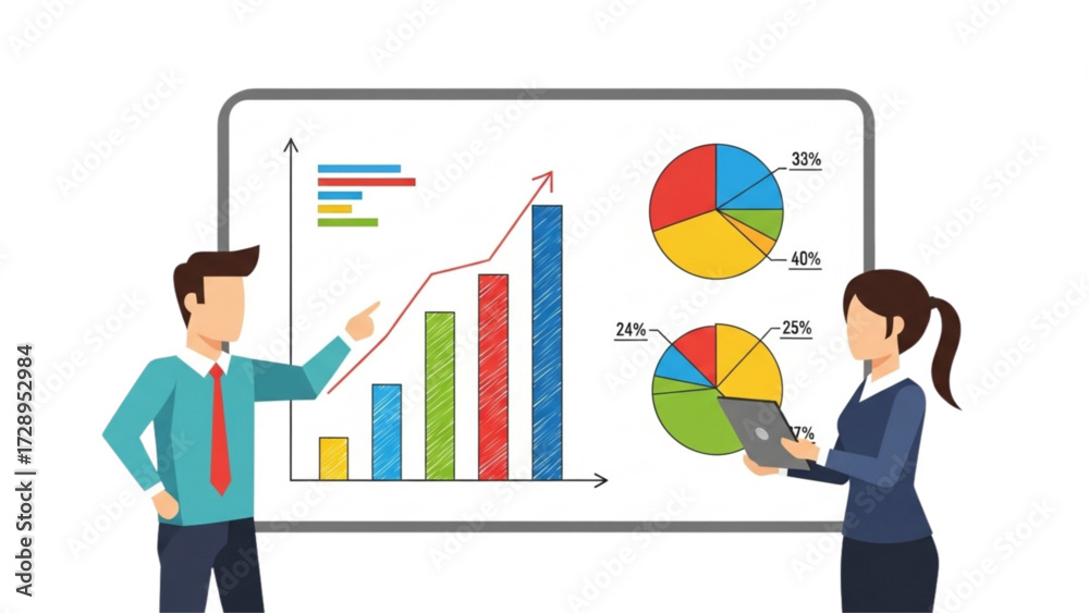 Fototapeta premium male and female characters analyzing bar charts and pie graphs on a whiteboard