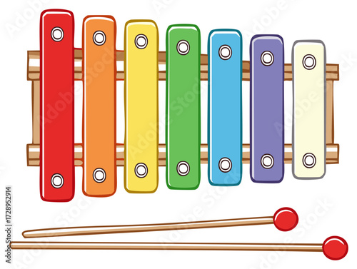 Cartoon xylophone illustration with mallets and colorful keys for musical enjoyment