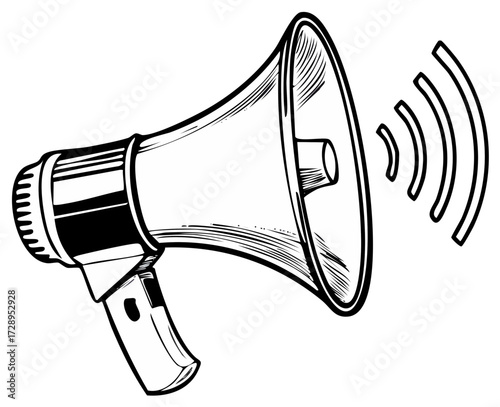 Handheld megaphone with sound waves emanating outwards in a graphic illustration