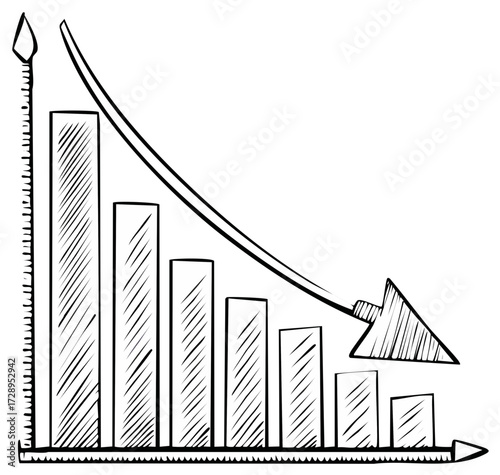 Hand-drawn declining graph with arrow indicating economic fall, loss or decrease.