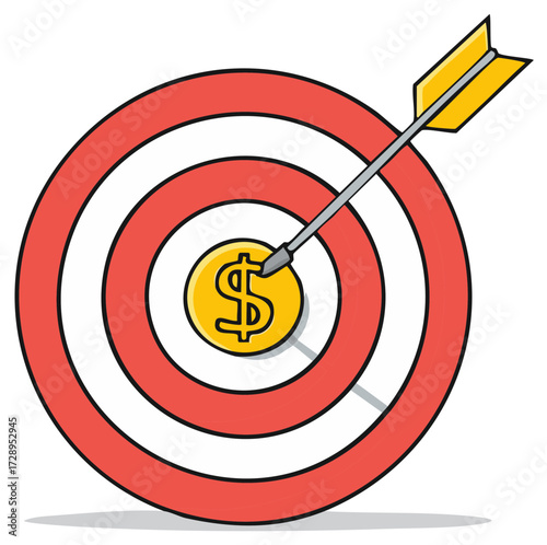 Arrow hitting bulls-eye target with dollar coin at center for financial success