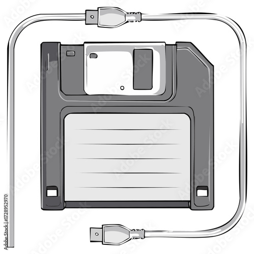 Retro floppy diskette and modern USB cable digital technology evolution illustration