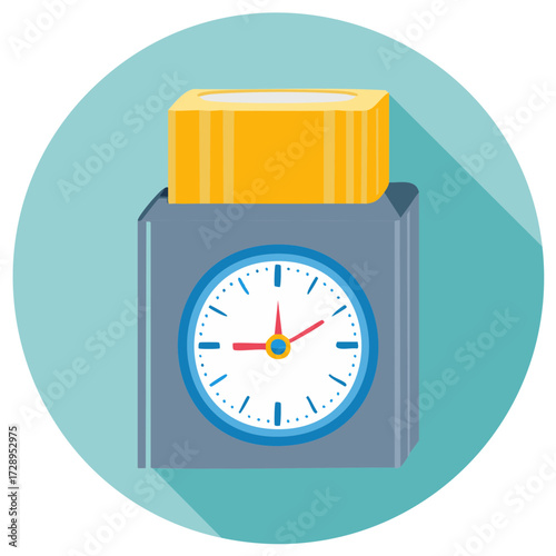 Alarm Clock with Yellow Box, Clock Face, and Modern Design, Inside a Blue Circle
