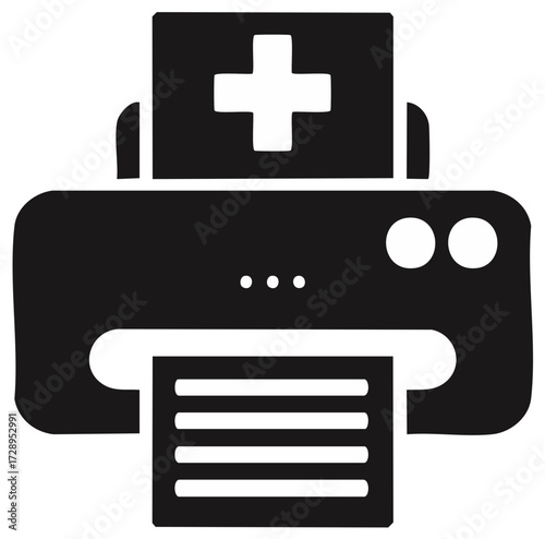 Medical printer icon with plus symbol on output paper for healthcare documents and printing
