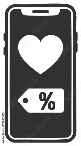 Online shopping loyalty program concept with a heart and percent discount on a mobile phone screen