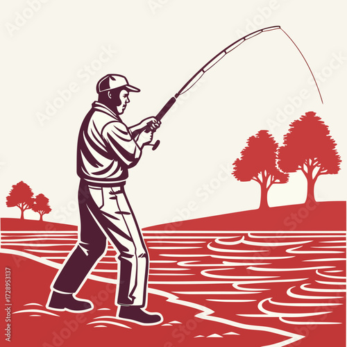 Dedicated angler casts line into water, anticipating a great catch amidst serene riverside scenery, capturing classic outdoor pursuit.