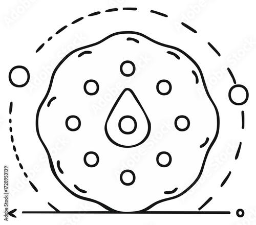 Abstract organic cell nucleus with orbiting particles in a fluid environment