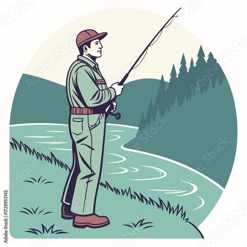 Dedicated angler patiently casts line into flowing river surrounded by serene forest landscape, embracing tranquil outdoor pursuit