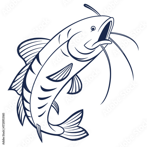 Dynamic catfish leaping from water with open mouth and long barbels, perfect for fishing and aquatic themes