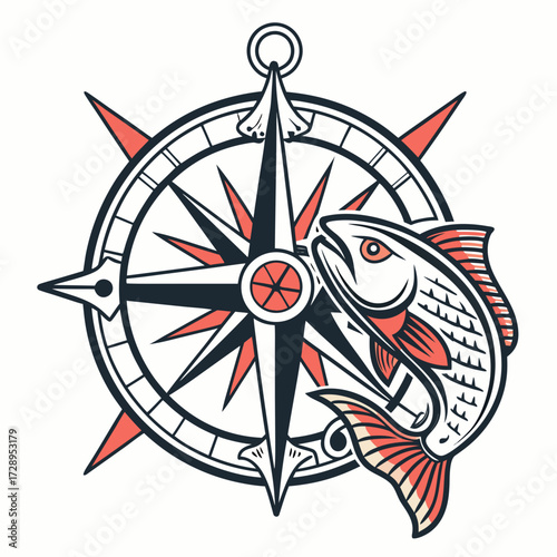 Dynamic fish leaps through vintage compass rose, symbolizing adventure, exploration, and the thrill of the catch for anglers and travelers