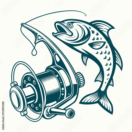 Dynamic fishing reel and leaping fish capture the thrill of the catch in this striking graphic design