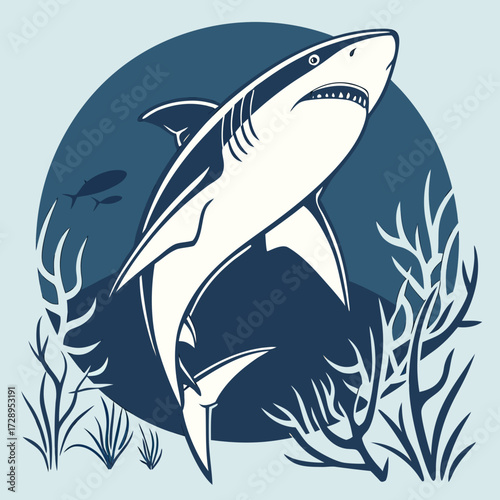 Dynamic great white shark emerges from deep ocean depths surrounded by coral and small fish, showcasing raw power and marine life