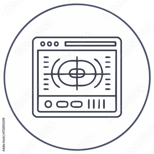 Minimalist outline icon of a radar screen with concentric circles and targeting crosshairs within a round frame.