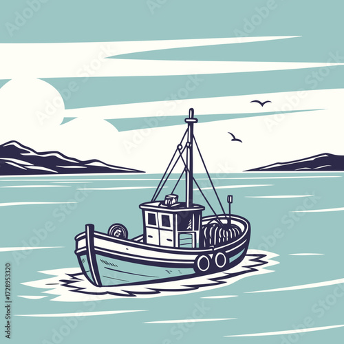 Fishing boat sails through calm ocean waters with distant mountains under a stylized sky, evoking tranquility and adventure.