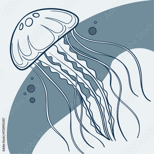Graceful jellyfish drifts serenely through abstract oceanic blues, evoking calm, nature, and underwater wonder
