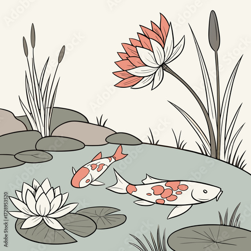 Serene koi fish swim gracefully among vibrant lotus flowers and reeds in a tranquil pond setting