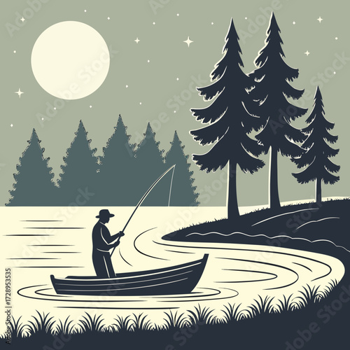 Serene moonlit night fishing adventure in a tranquil lake surrounded by dark pine forests, offering peaceful solitude and outdoor escape.