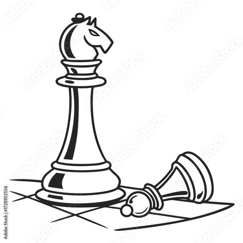 Strategic victory with a dominant knight piece standing over a fallen pawn on a chessboard, symbolizing triumph and decisive win.