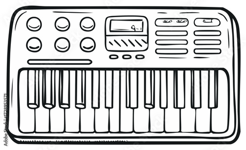 Hand drawn keyboard musical instrument with buttons and display screen