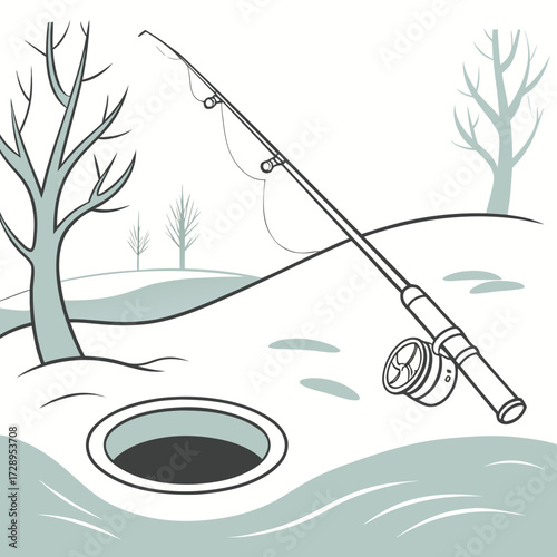 Winter fishing scene with ice hole, rod, reel, and bare trees creating a serene outdoor adventure atmosphere