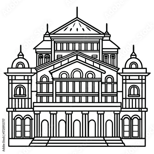 Detailed architectural illustration of a grand opera house with intricate facade and surrounding elements
