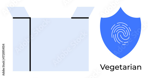 Open cardboard box next to shield with fingerprint design and Vegetarian label. Ideal for food safety, ethical choices, eco-packaging, security, brand trust, authenticity, simple flat metaphor
