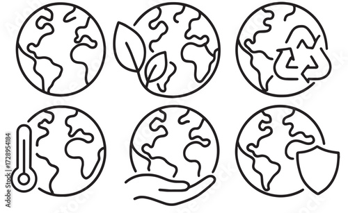 Minimal outline vector icon set of earth and nature protection. Includes globe with leaves, shield, and hand holding planet. Eco friendly, sustainability, renewable resources, save earth, 