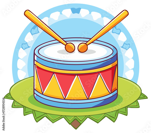 Cartoon drum with drumsticks on a green platform with a blue background