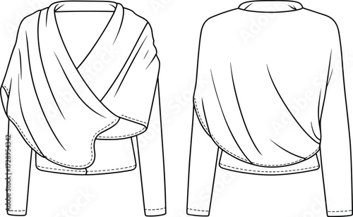 Draped wrap cardigan technical sketch, front and back view, fashion flat, deep neckline, gathered fabric, vector garment illustration