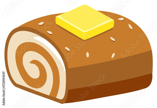 Vector illustration of a swiss roll cake dessert with butter on top, pastry treat graphic