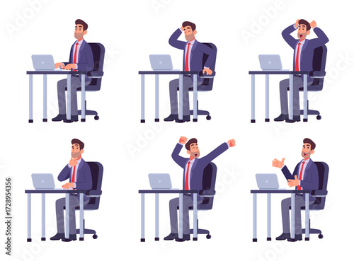 Businessman various emotions office workspace vector set collection