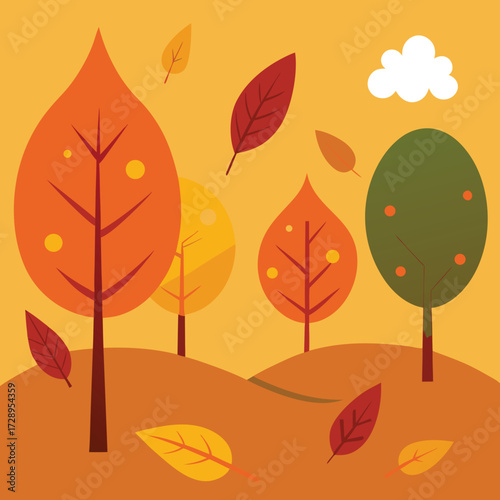 Stylized autumn falling leaves with trees in vibrant colors and graphic design elements