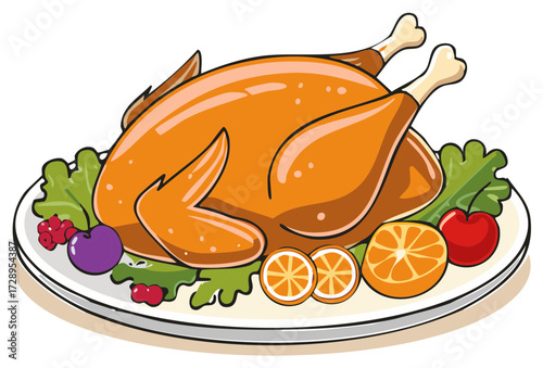 Roasted Turkey on Platter with Fruits, Thanksgiving Holiday Dinner Illustration