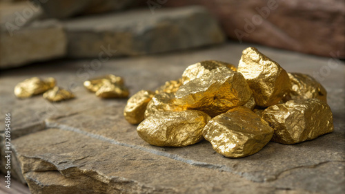 Pile of glowing gold nuggets with reflective luster placed on stone surface, representing luxury, rarity, and prosperity.