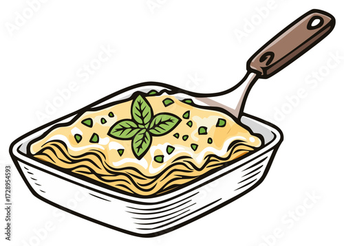 Cartoonish Dish of Pasta with Creamy Sauce and Basil, Served in Baking Dish with Handle
