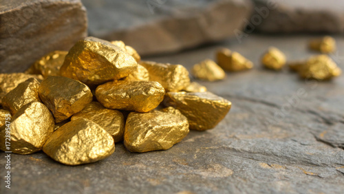 Glittering gold pieces displayed on rugged stone, shining with metallic beauty and symbolizing natural prosperity and fortune.