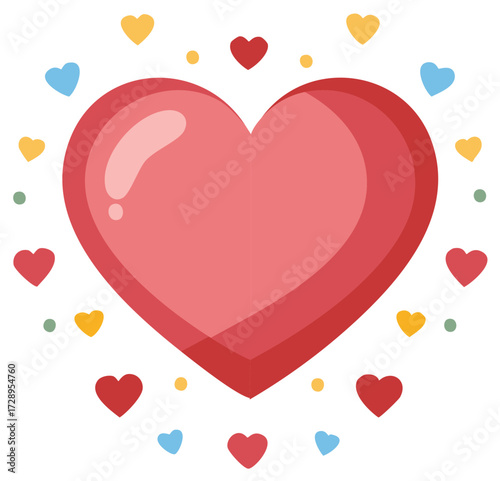 Red Heart with Smaller Hearts and Dots Border in Blue Yellow Green for Valentines or Romance
