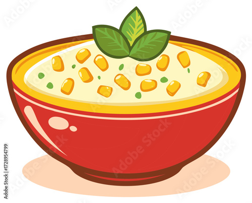 Bowl of Corn Chowder Cream Soup Garnished with Mint Leaves Close Up Illustration