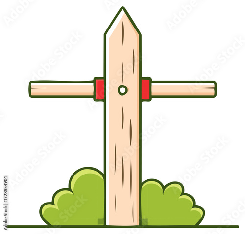 Simple wooden fence post with green bushes and a crossbar