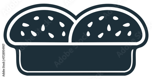 Graphic illustration of two sweet buns with sesame seeds in a baking dish, isolated.