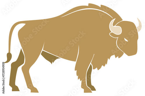 Stylized bison illustration showing powerful form and shaggy mane in earth tones evoking the Great Plains landscape and natural environment