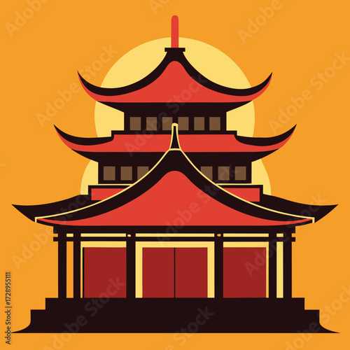 Minimalist asian temple silhouette with traditional architectural elements