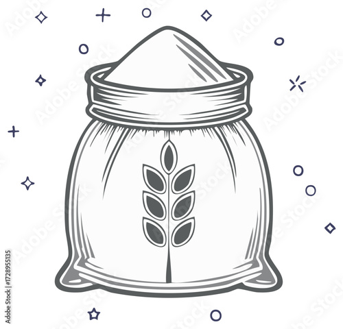 Bag of Flour with Wheat Stalk Graphic and Decorative Elements