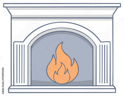 Simple line art illustration of a traditional white fireplace mantel with a cozy orange flame burning inside.