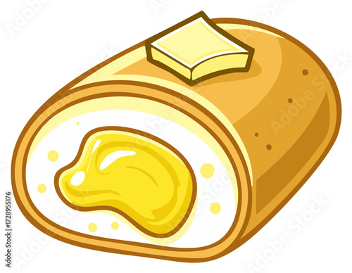 Cartoon illustration of a sweet rolled pancake with cream filling and butter