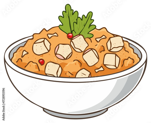 Colorful cartoon bowl of delicious savory stew with tofu cubes, red berries, and fresh herb garnish.