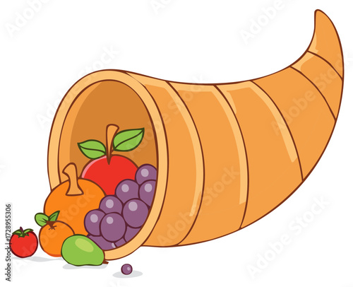 Thanksgiving cornucopia horn of plenty illustration with autumn harvest fruit and vegetables