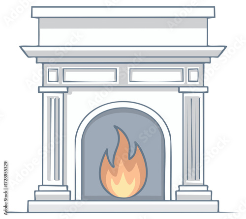 Stylized classic fireplace with burning fire and mantelpiece for home comfort illustration