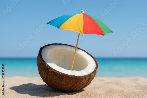 Wallpaper Mural Tropical Beach Coconut with Miniature Umbrella on a Sunny Shore Torontodigital.ca