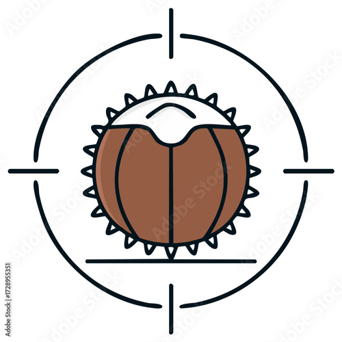 Cartoon illustration of a coconut in the crosshairs, target on a white background